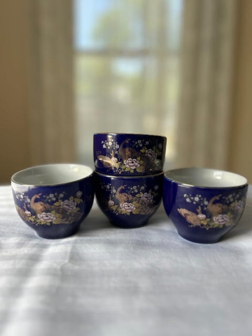 Vintage Japanese Cobalt Blue Teacups Set 4 Minimalist Porcelain
